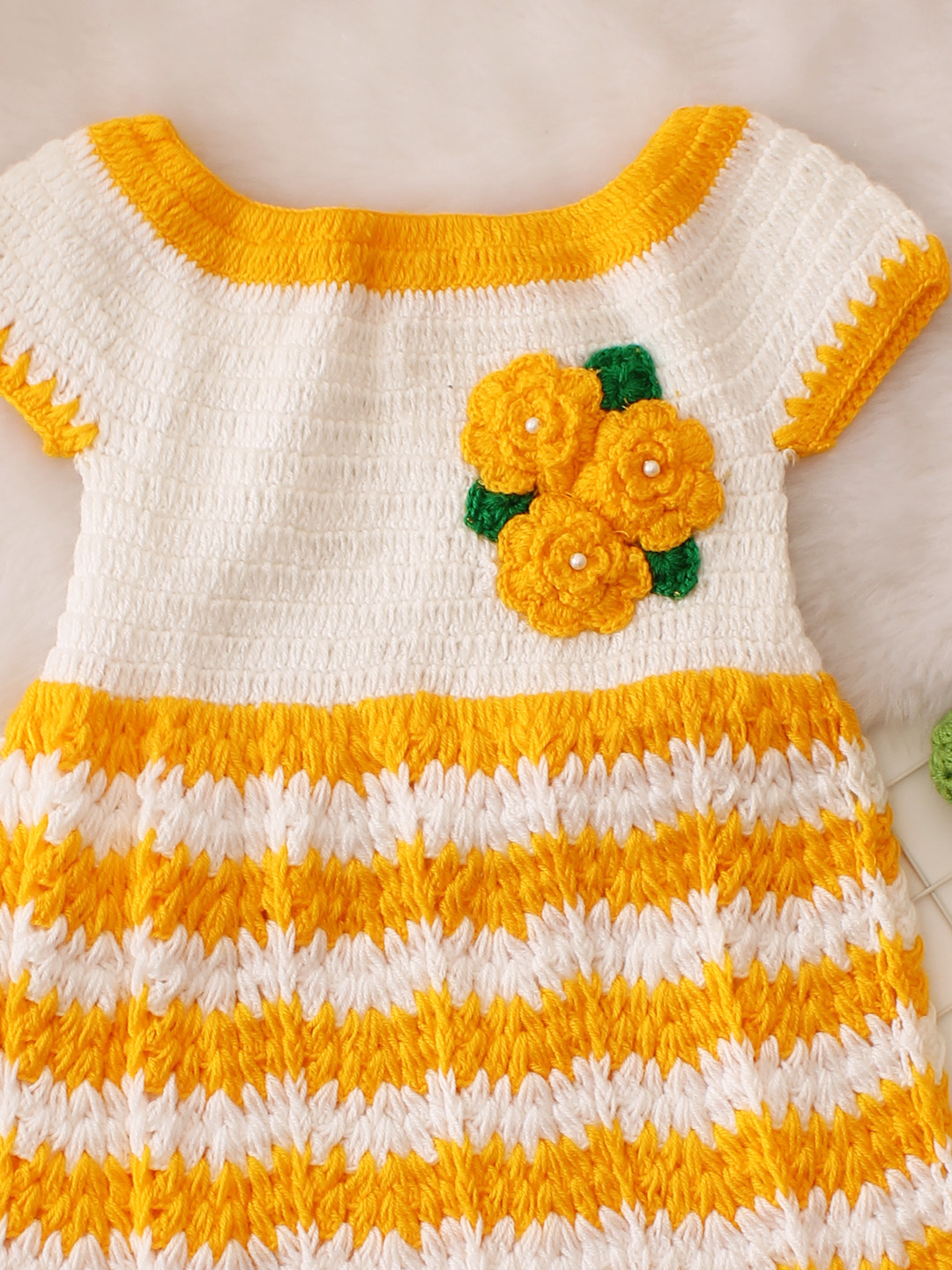 Sleeveless Floral Crochet Striped Dress - Yellow