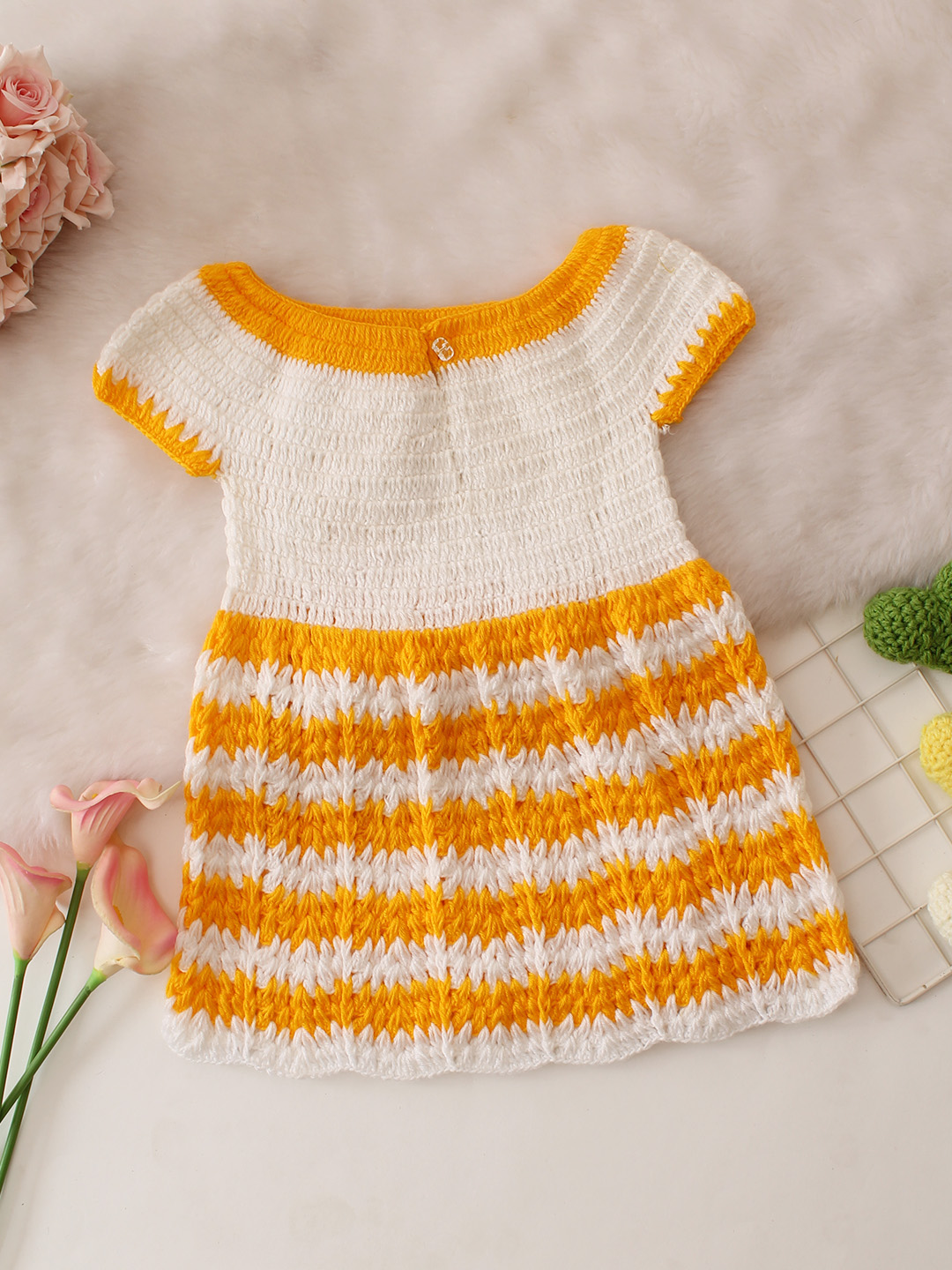 Sleeveless Floral Crochet Striped Dress - Yellow