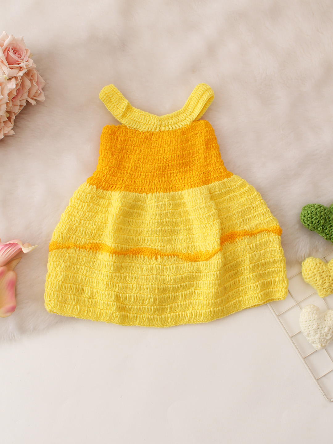 Sleeveless Colour Blocked Crochet Dress - Yellow