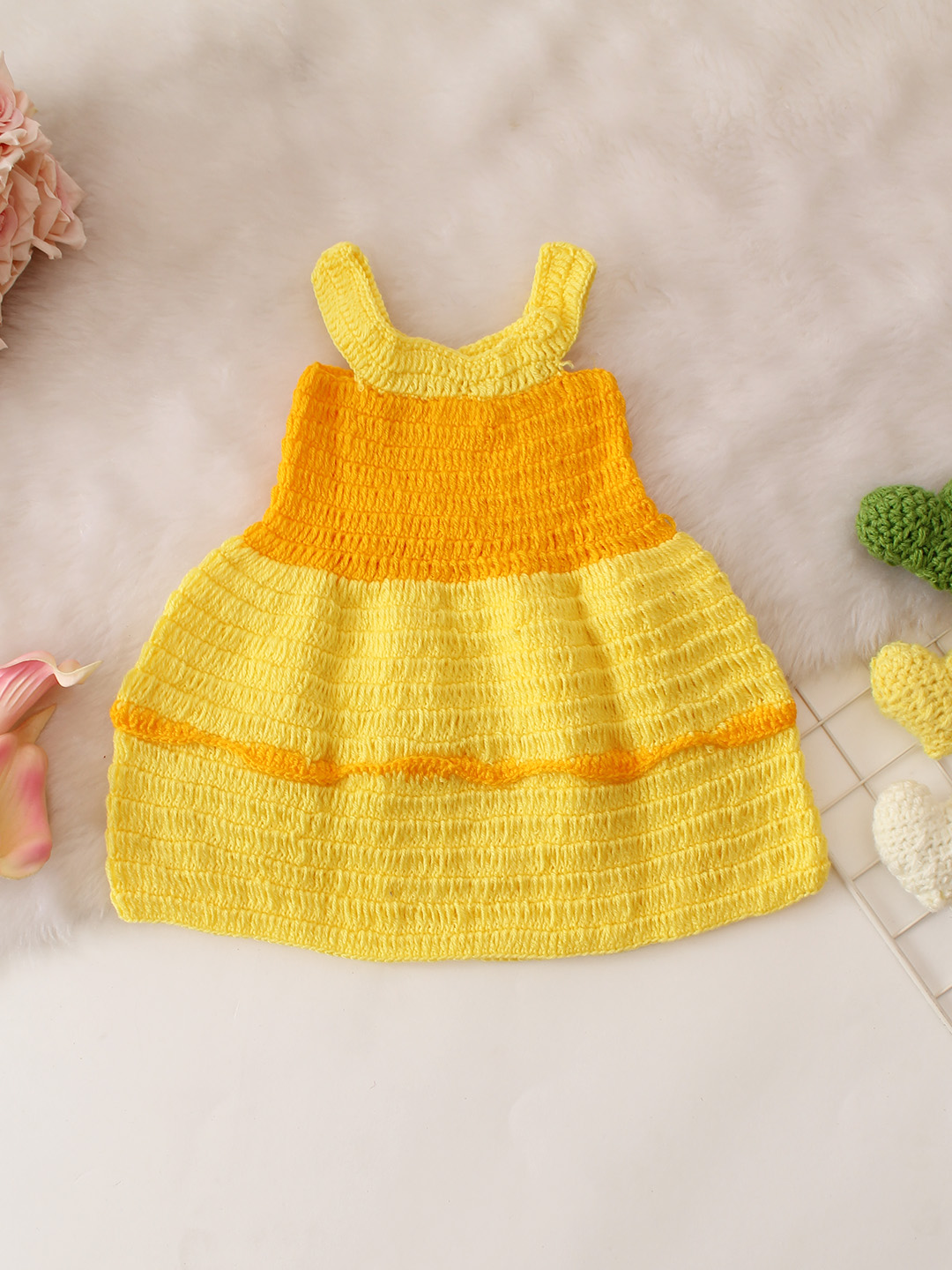 Sleeveless Colour Blocked Crochet Dress - Yellow