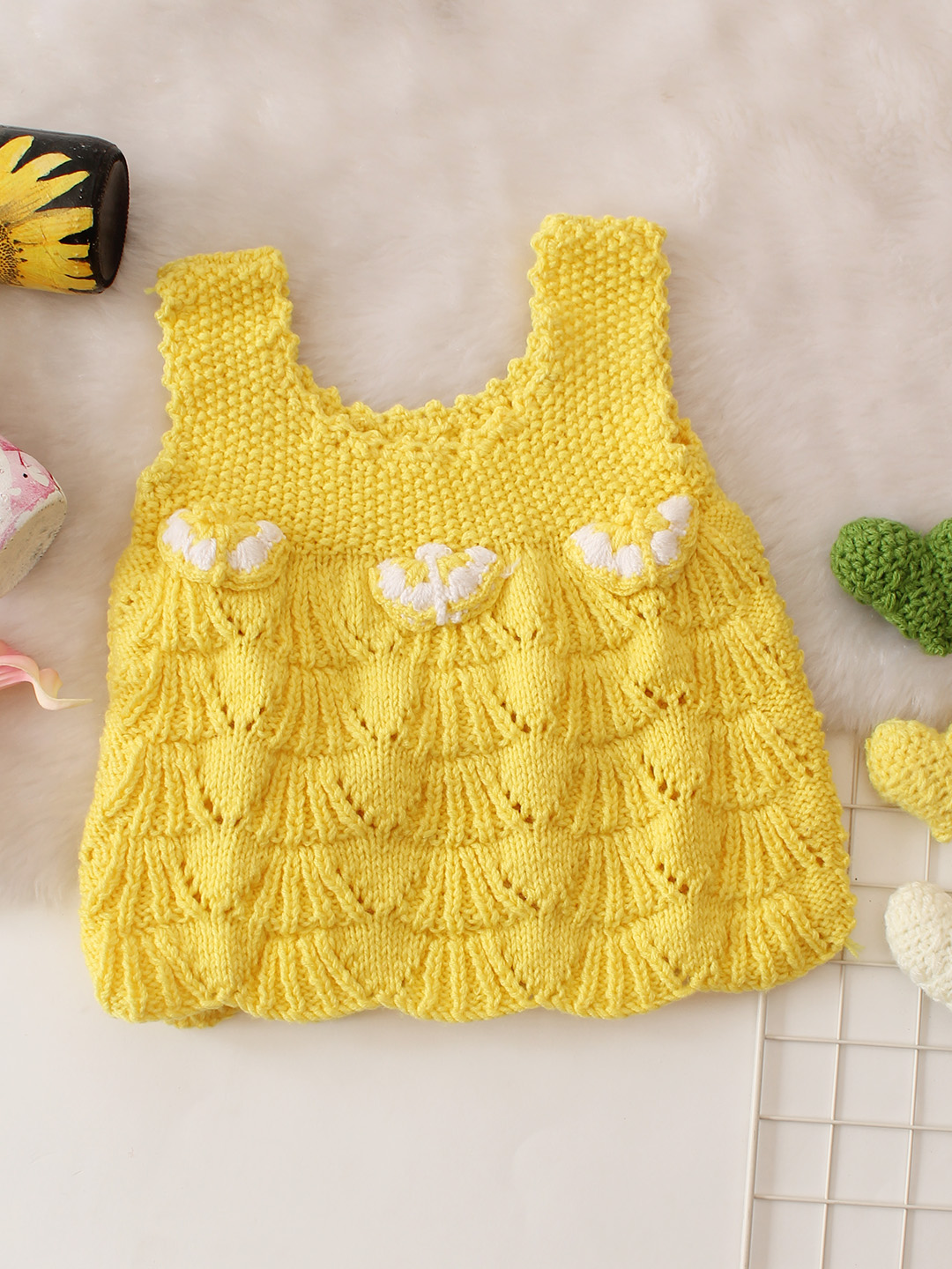 Sleeveless Handknitted Self Design Dress - Yellow