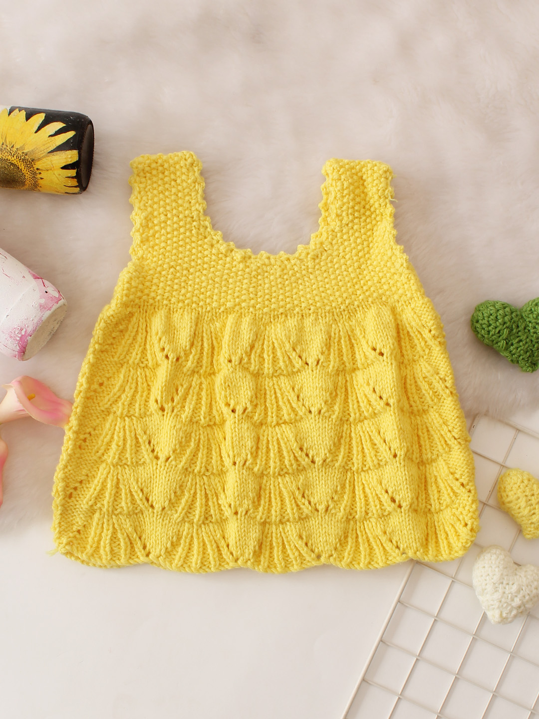 Sleeveless Handknitted Self Design Dress - Yellow