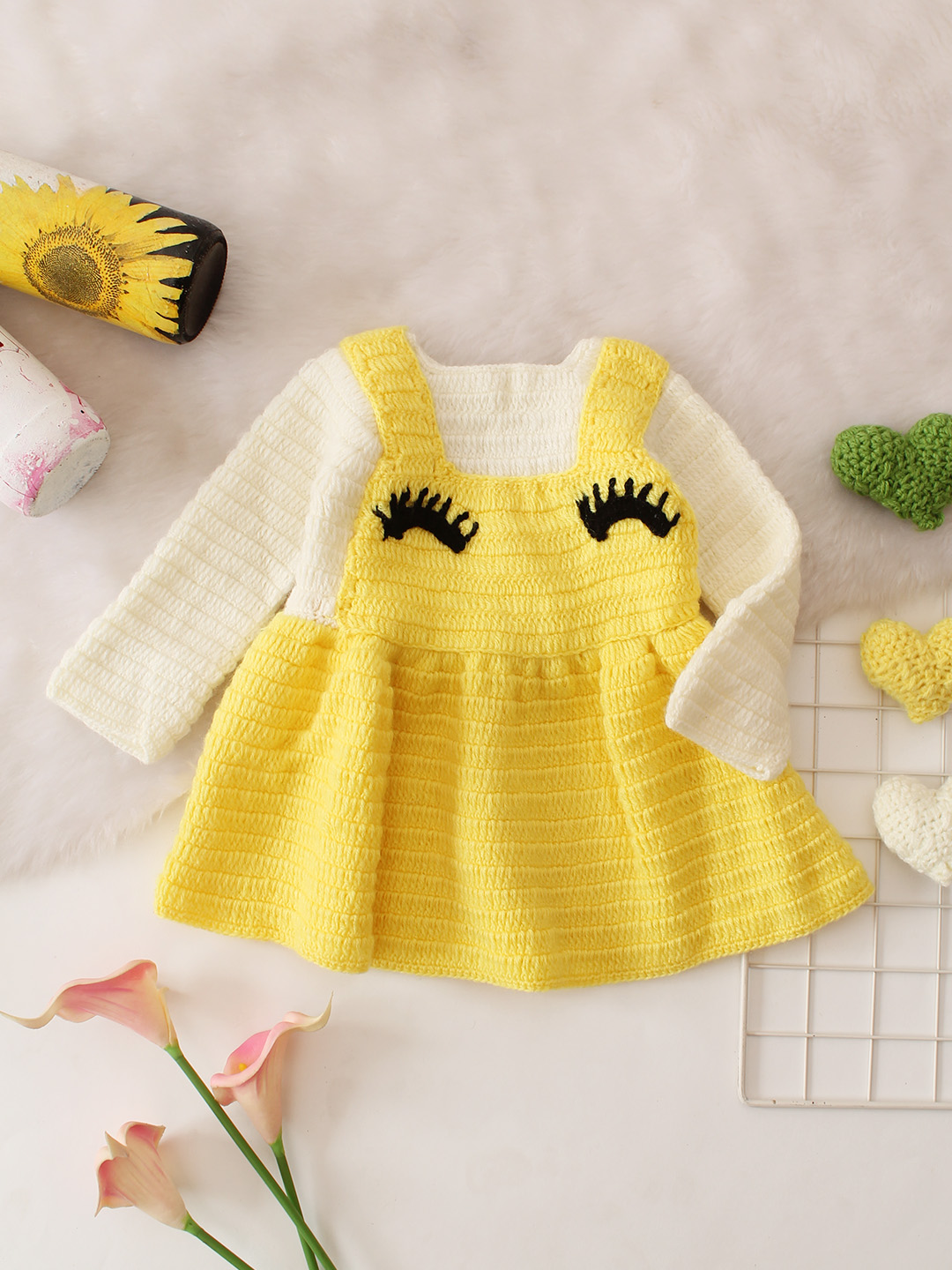 Pretty Eyes Crochet Dungaree Style Dress - Yellow