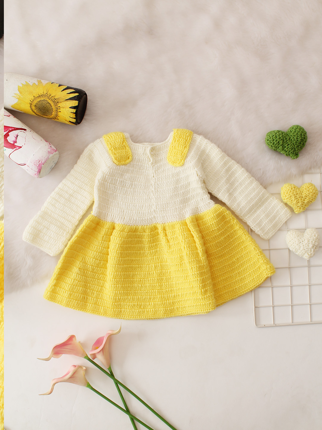 Pretty Eyes Crochet Dungaree Style Dress - Yellow