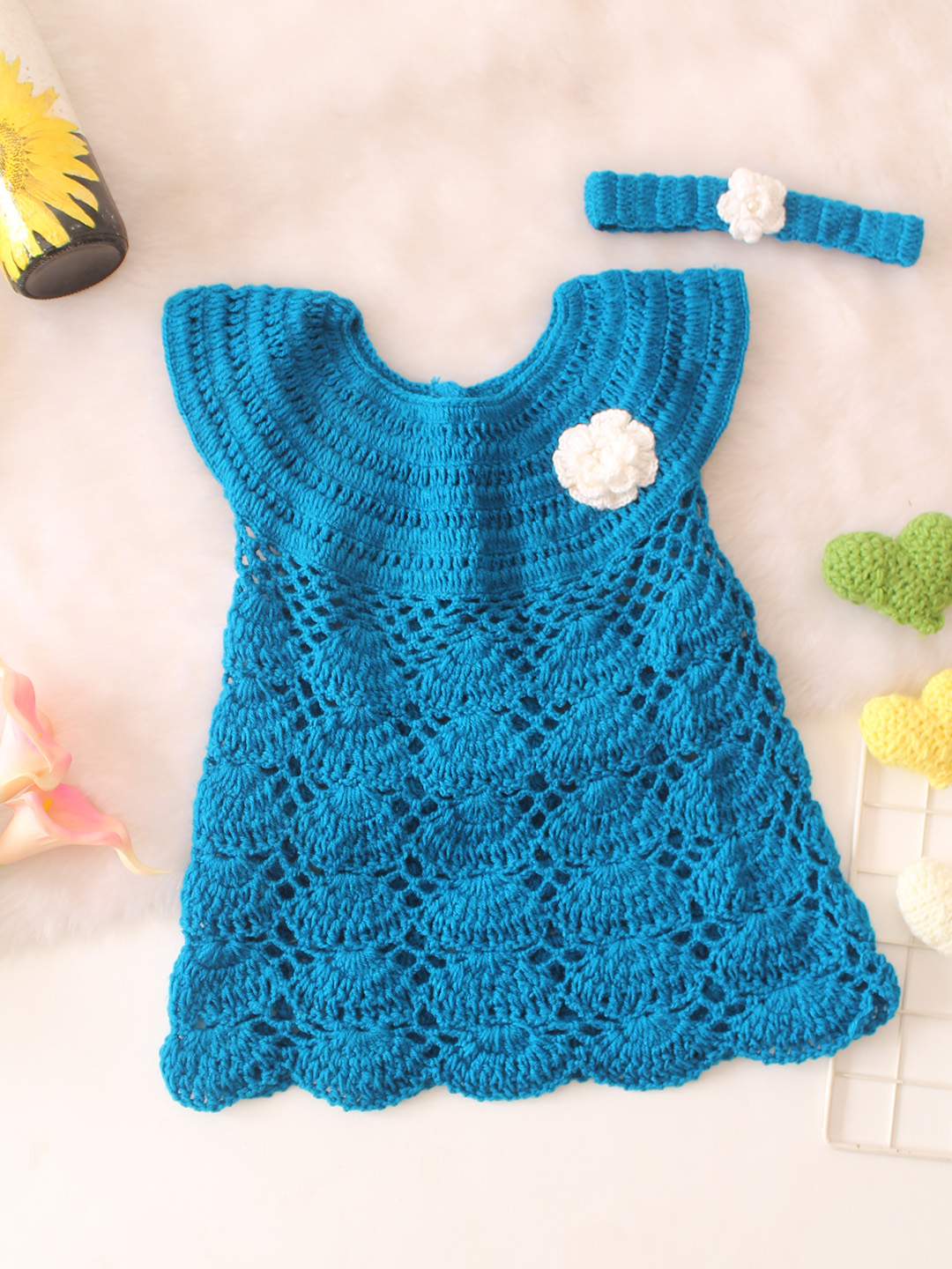 Floral Crochet Embroidered Self Design Dress With Headband - Blue