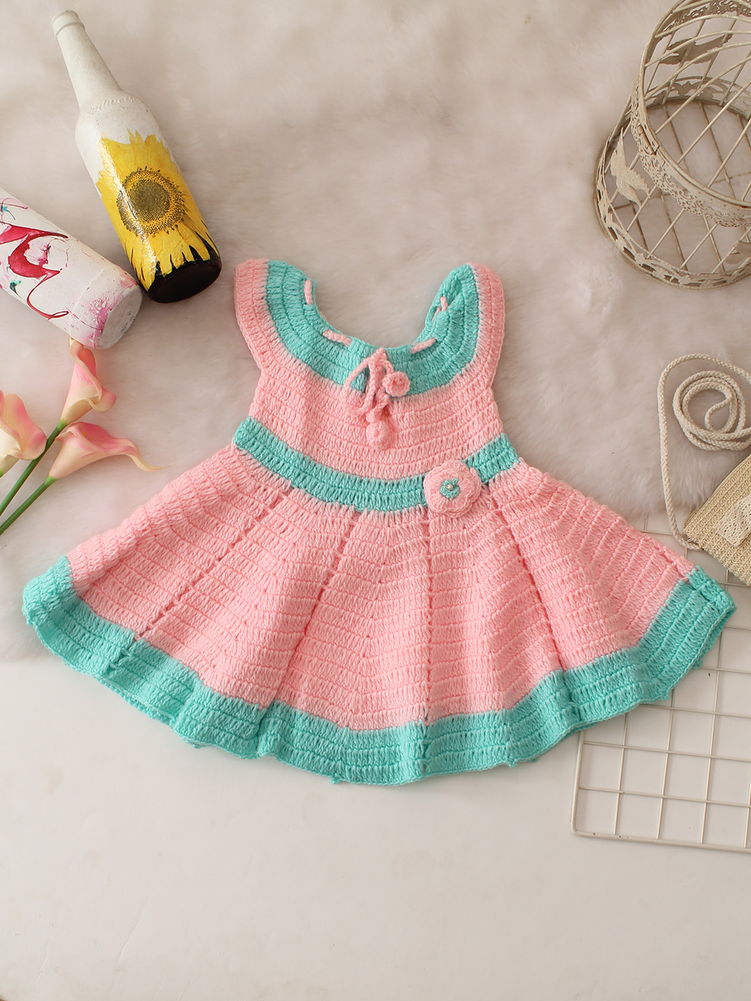 Flared Floral Crochet Dress - Pink