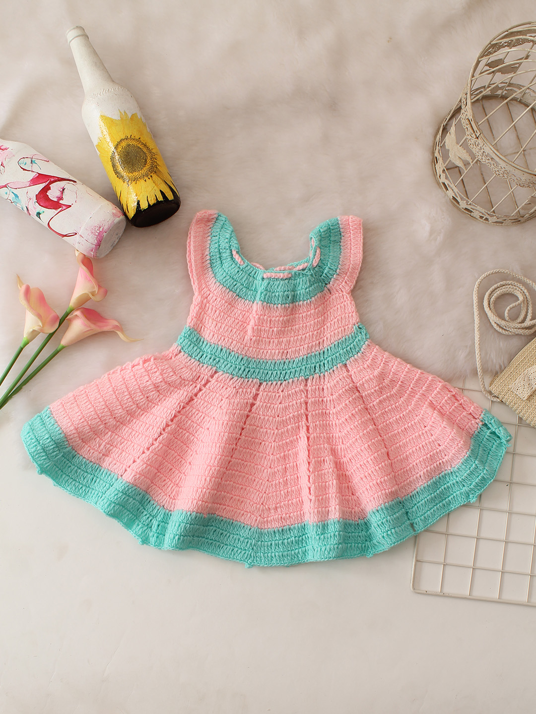 Flared Floral Crochet Dress - Pink