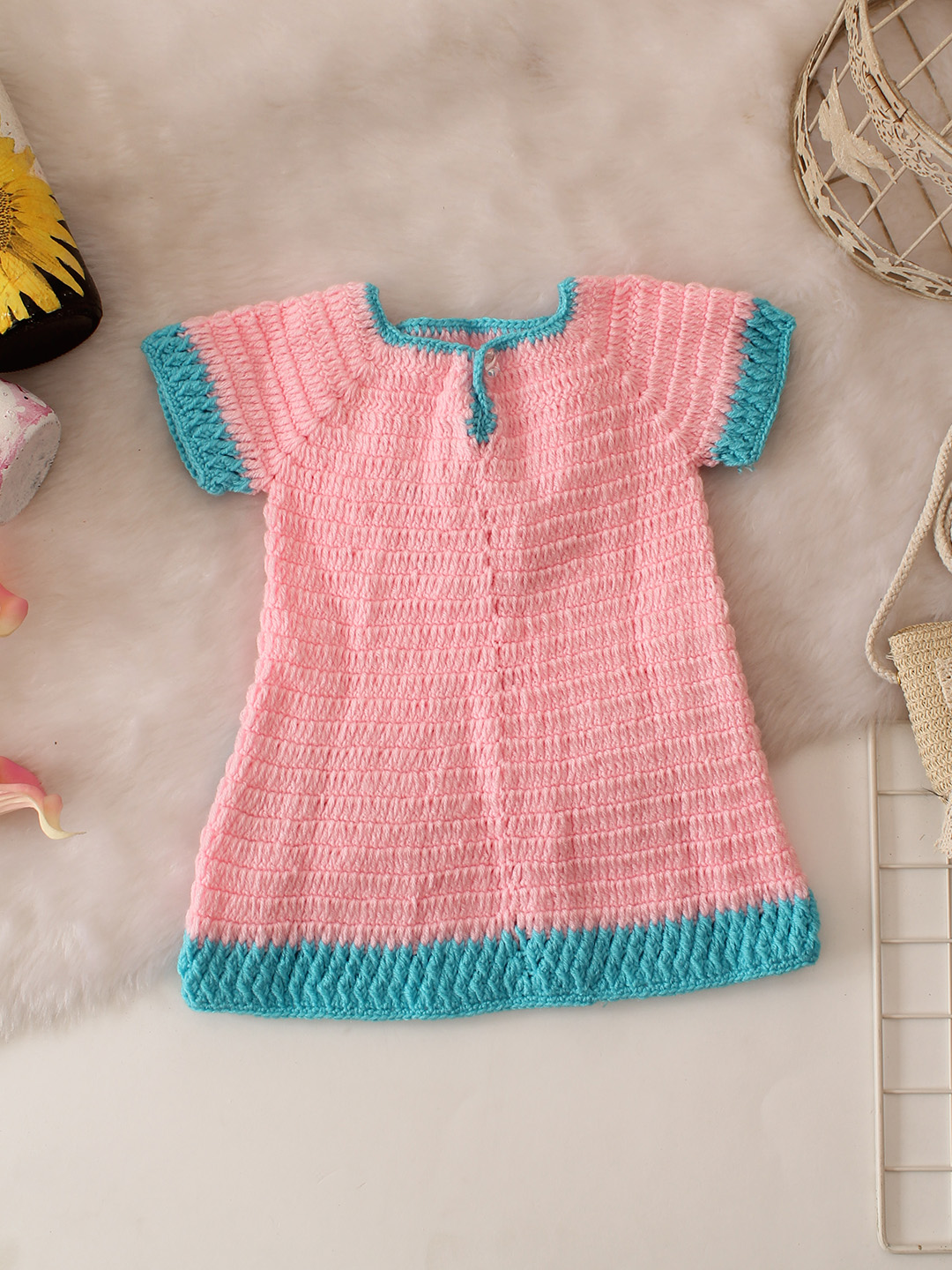 Woonie Short Sleeves Bear Crochet Midi Dress - Pink