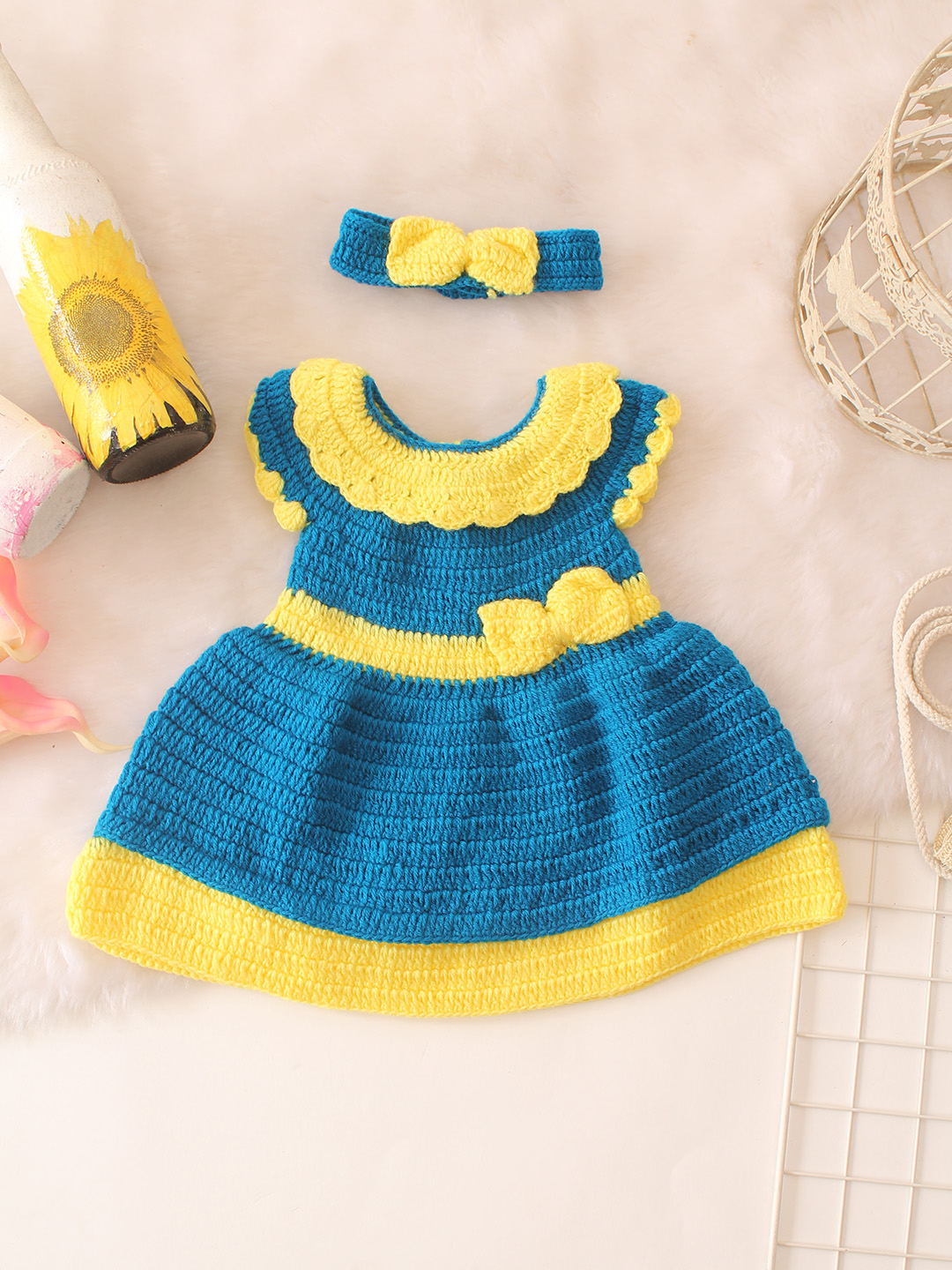 Bow Applique Detailed Dress With Headband - Blue