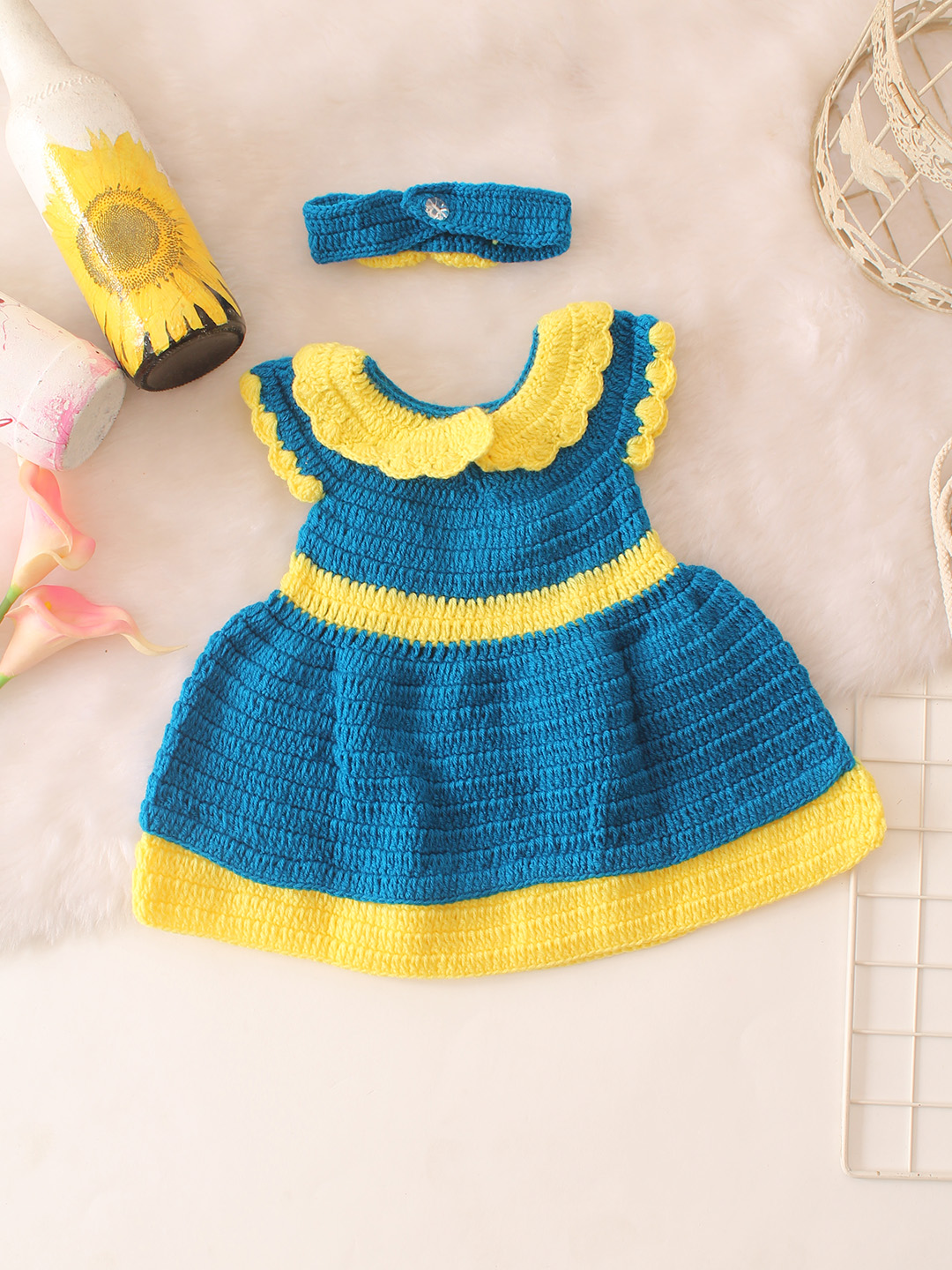 Bow Applique Detailed Dress With Headband - Blue