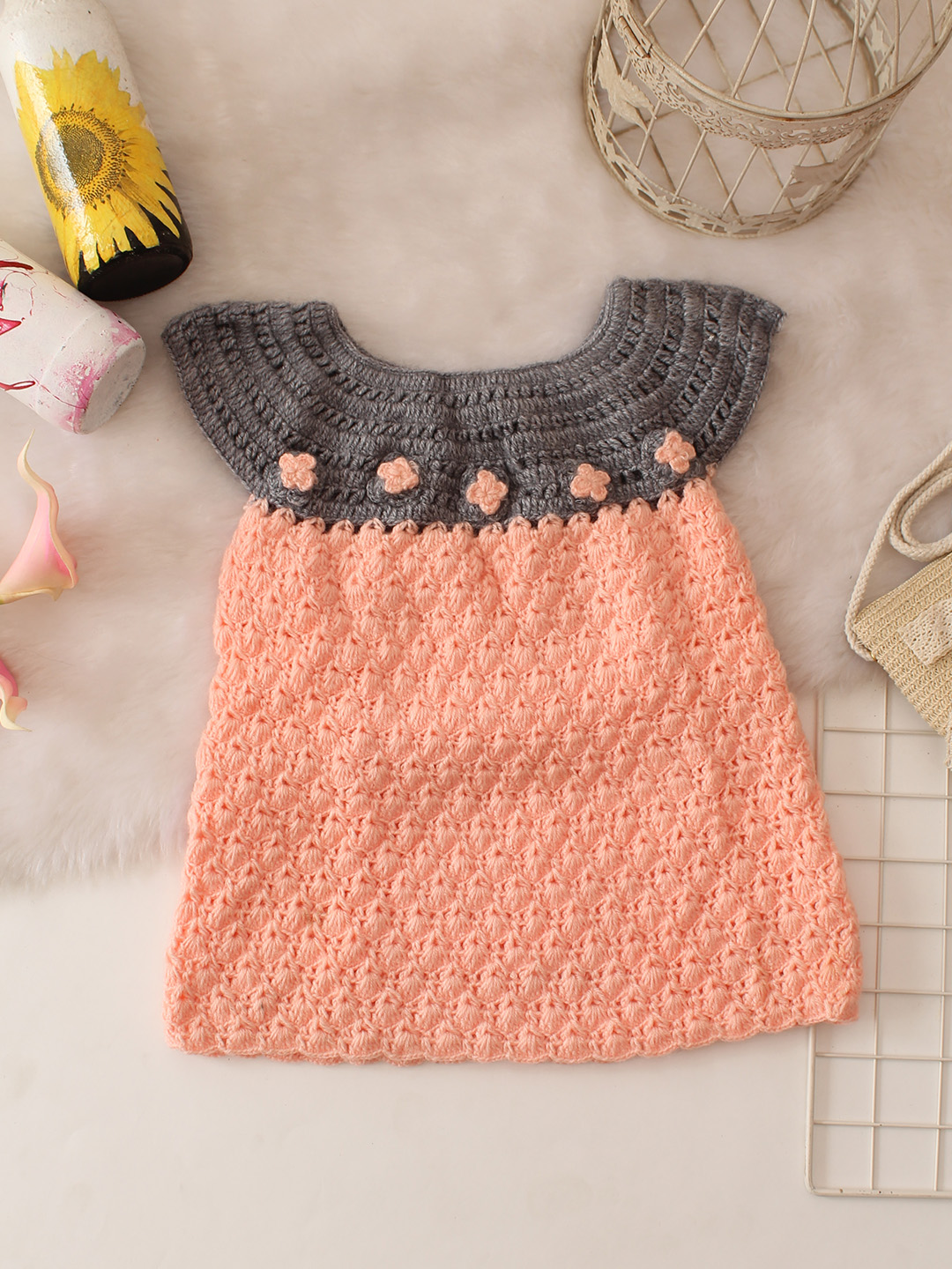 Floral Applique Crochet Dress - Peach
