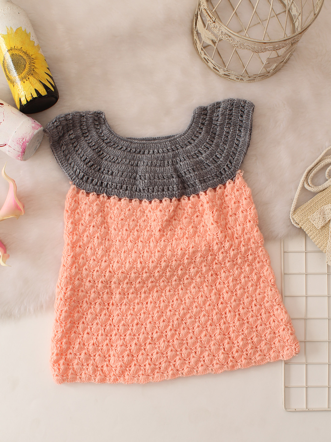 Floral Applique Crochet Dress - Peach