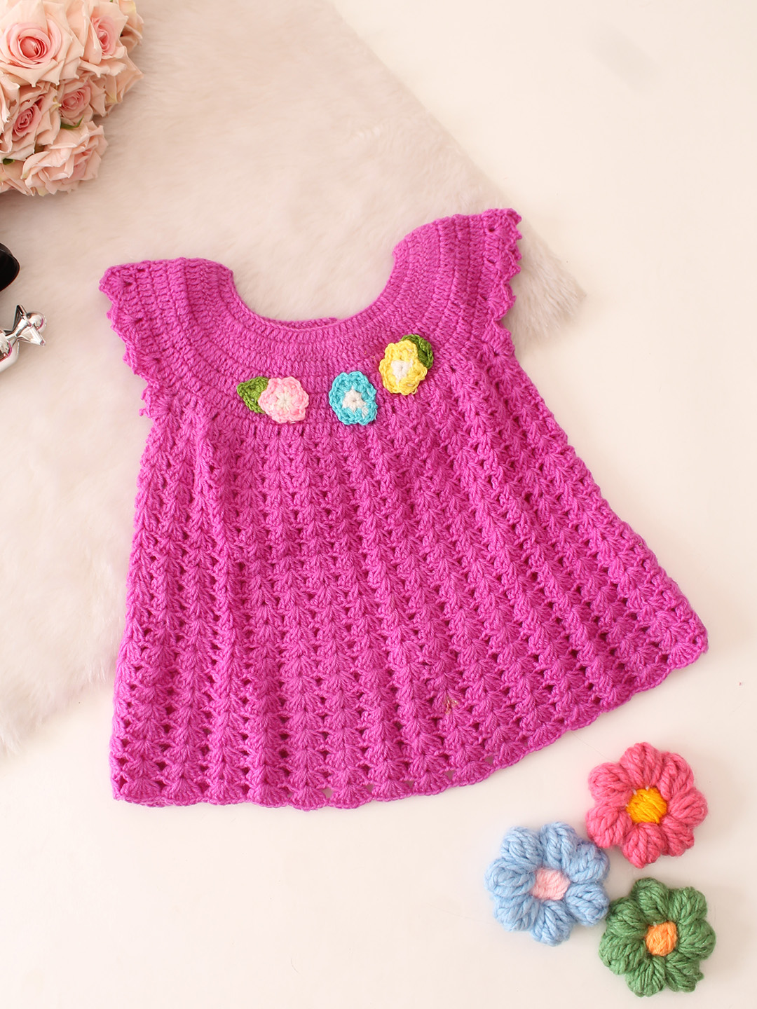 Woonie Sleeveless Floral Designed Crochet Dress - Purple