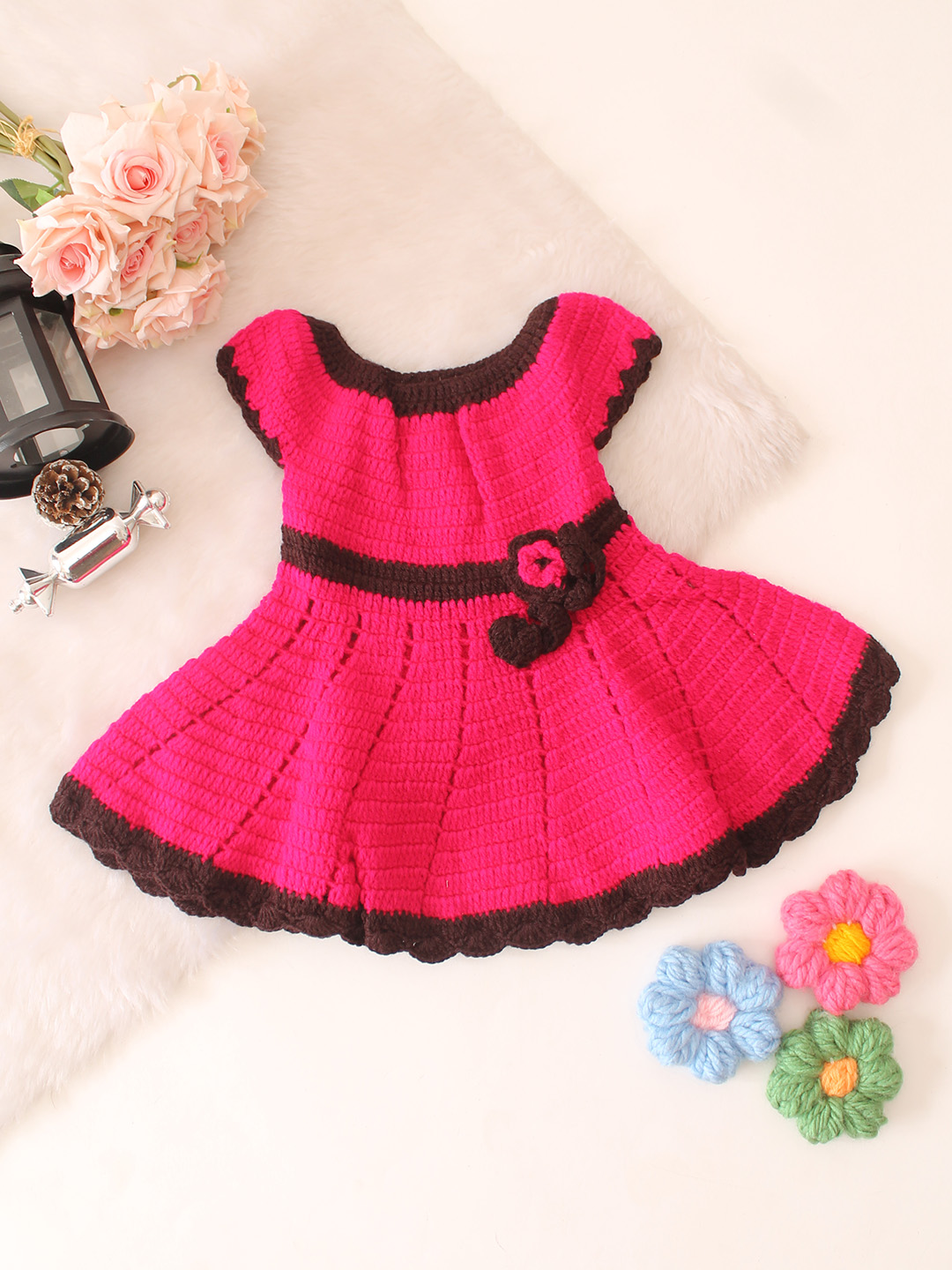 Woonie Crochet Floral Applique Frock - Pink