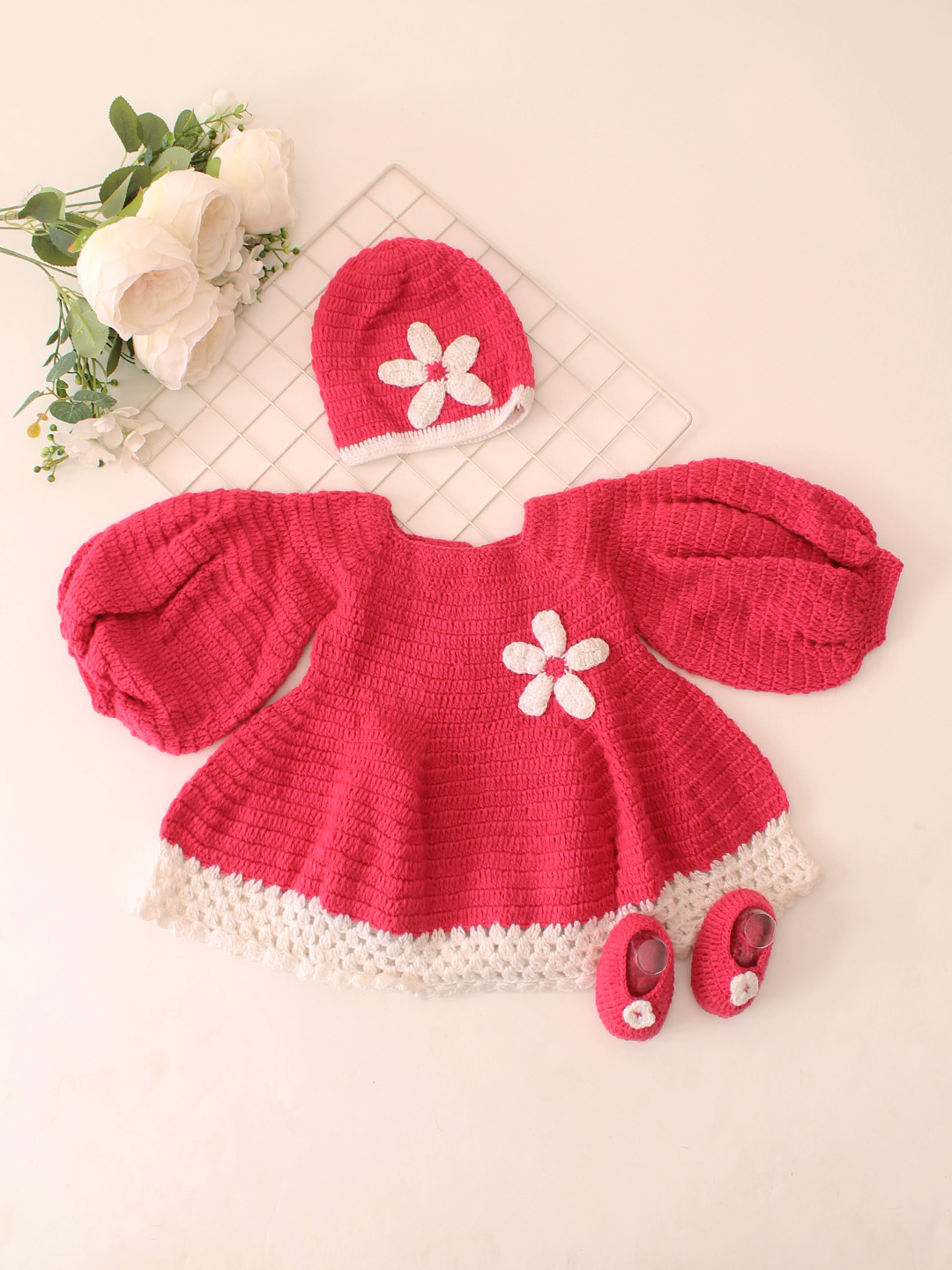 Balloon Sleeve Crochet Dress With Coordinating Cap & Booties Set - Pink