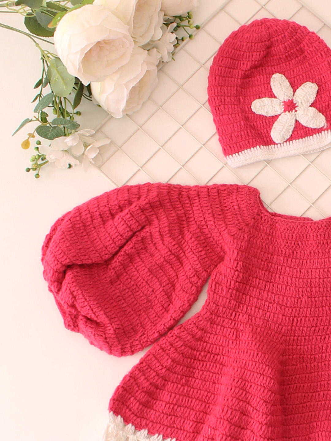 Balloon Sleeve Crochet Dress With Coordinating Cap & Booties Set - Pink