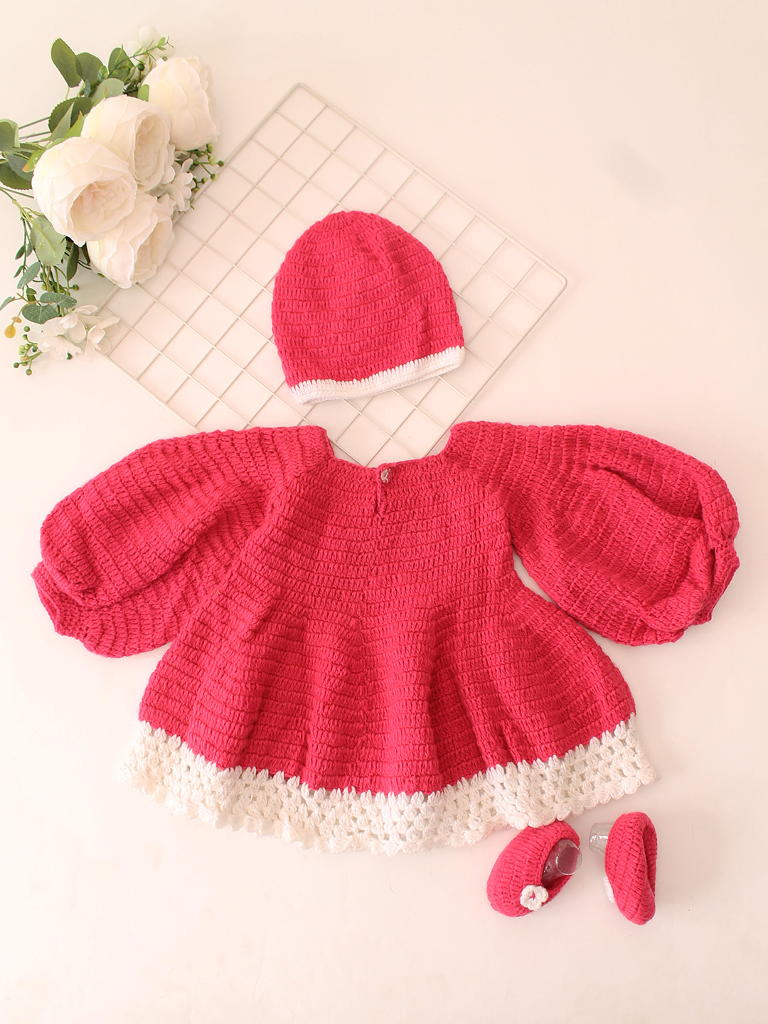 Balloon Sleeve Crochet Dress With Coordinating Cap & Booties Set - Pink