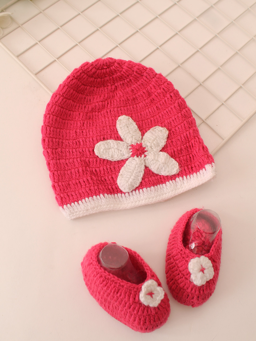 Balloon Sleeve Crochet Dress With Coordinating Cap & Booties Set - Pink