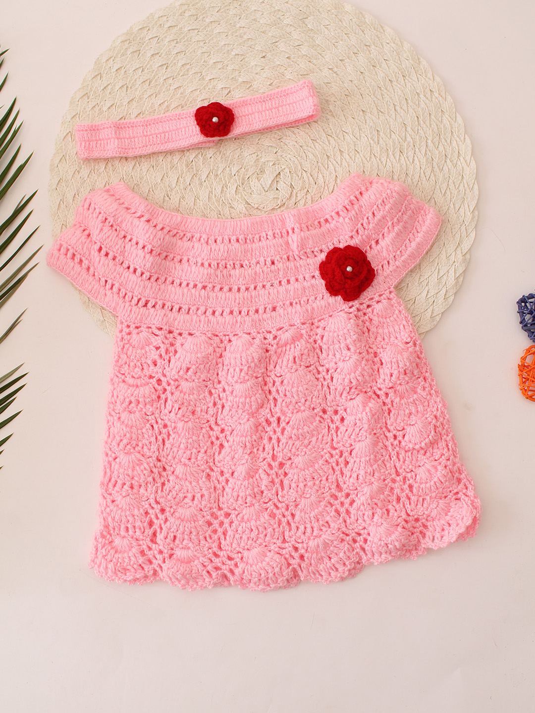 Woonie Short Sleeves Floral Crochet Dress - Pink