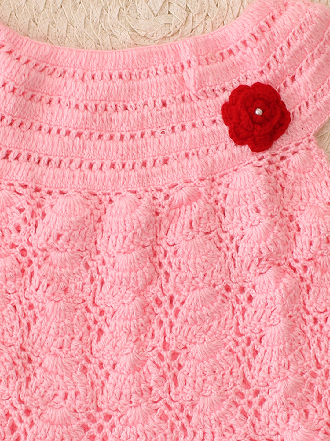 Woonie Short Sleeves Floral Crochet Dress - Pink