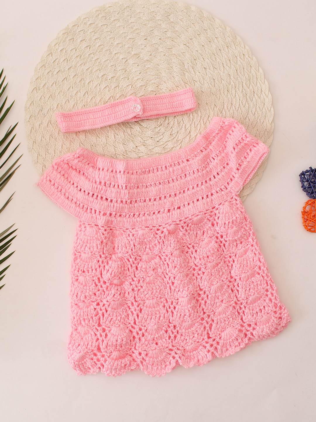 Woonie Short Sleeves Floral Crochet Dress - Pink