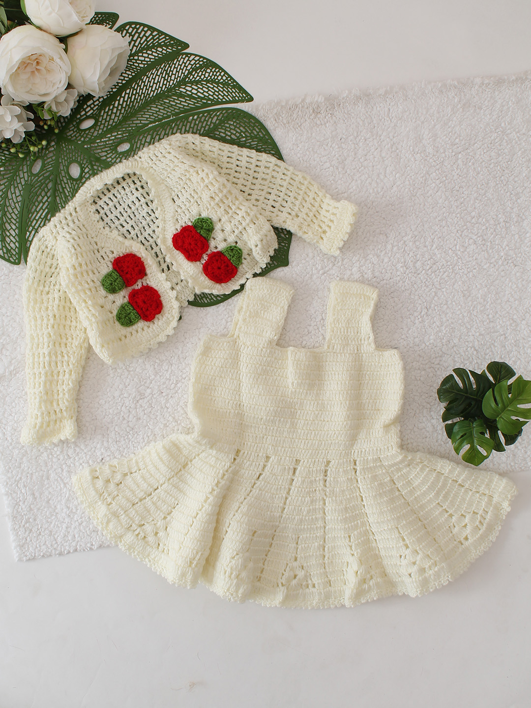 Self Designed Crochet Dress With Coordinated Shrug Set - Cream