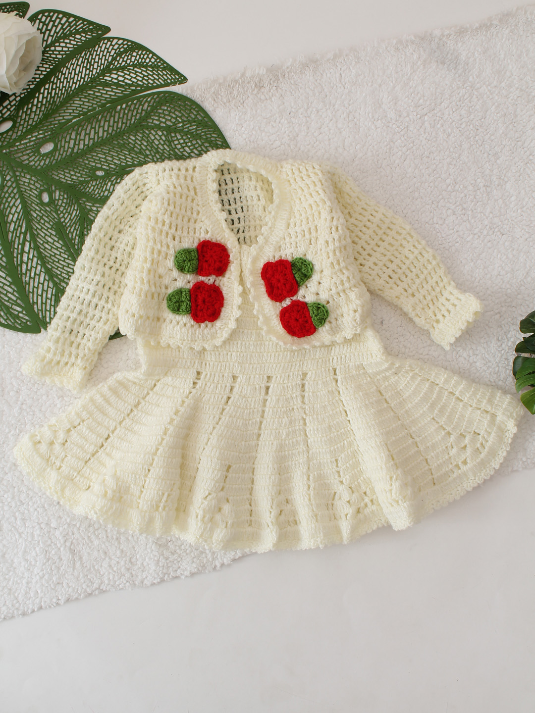 Self Designed Crochet Dress With Coordinated Shrug Set - Cream