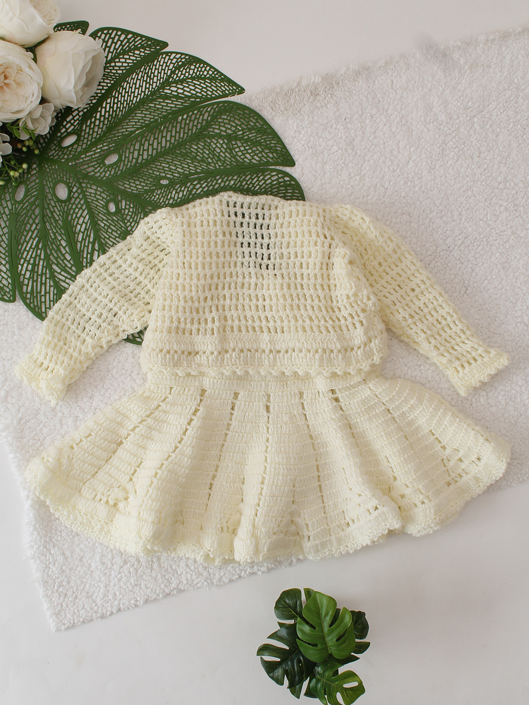 Self Designed Crochet Dress With Coordinated Shrug Set - Cream