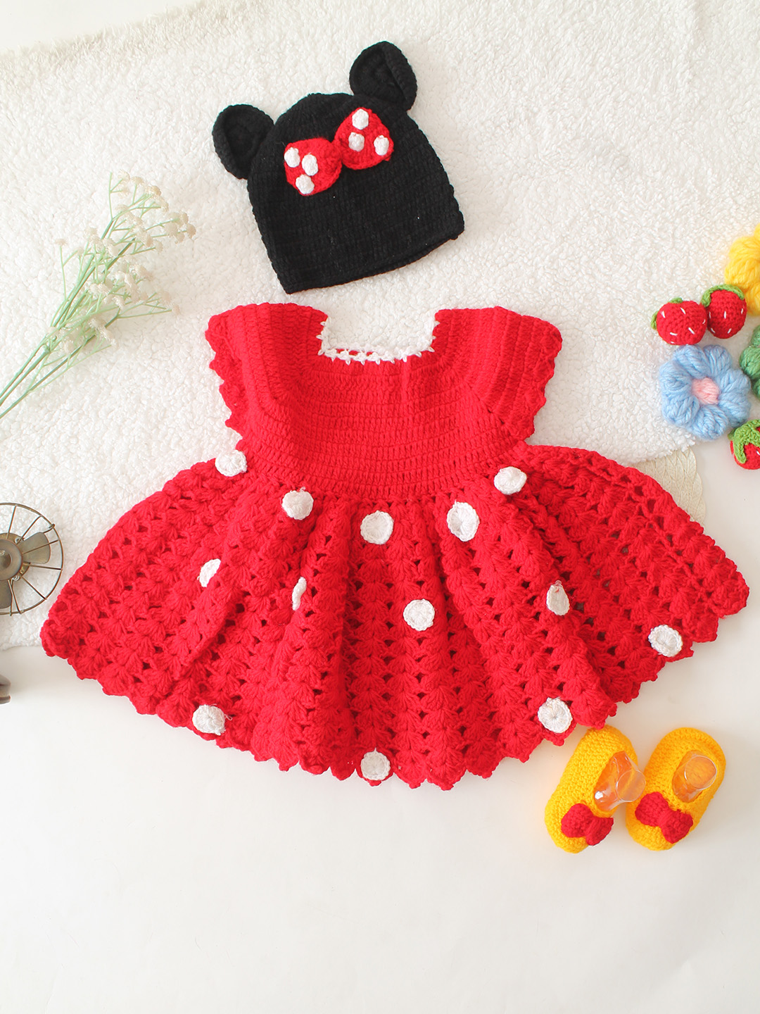 Polka Dot Crochet Dress With Coordinated Cap & Booties Set - Red