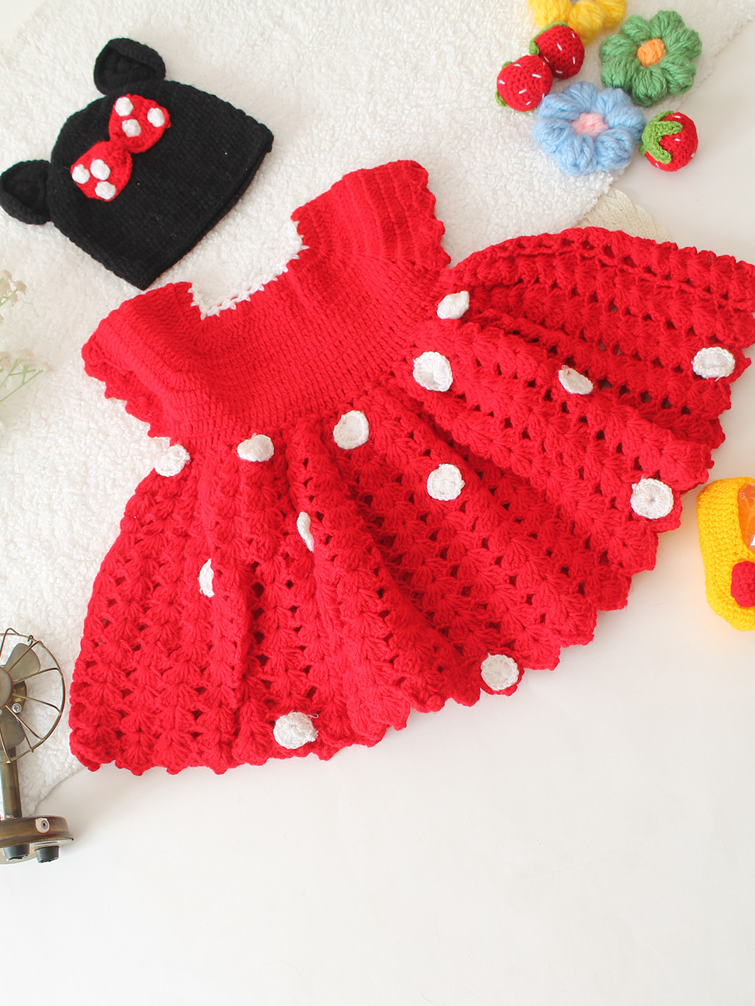 Polka Dot Crochet Dress With Coordinated Cap & Booties Set - Red