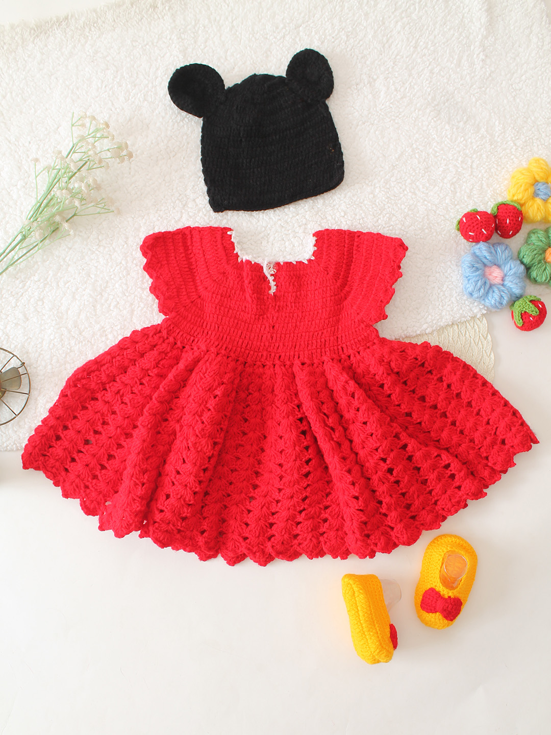 Polka Dot Crochet Dress With Coordinated Cap & Booties Set - Red