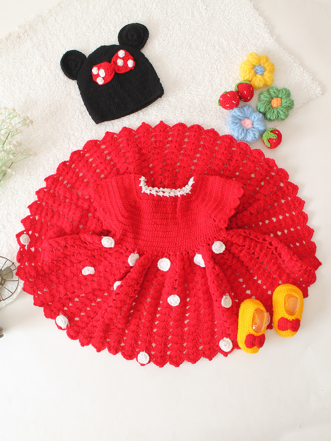 Polka Dot Crochet Dress With Coordinated Cap & Booties Set - Red