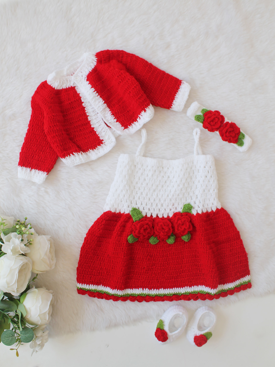 Christmas Rose Design Dress with Headband & Booties Set - Red
