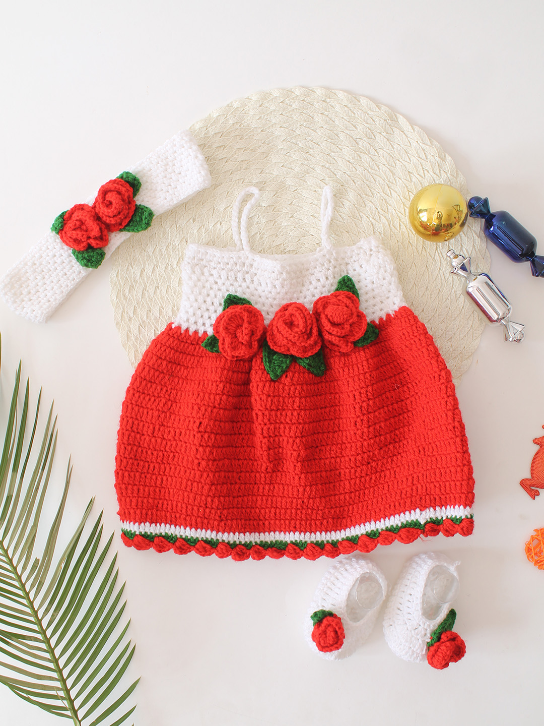 Christmas Rose Design Dress with Headband & Booties Set - Red