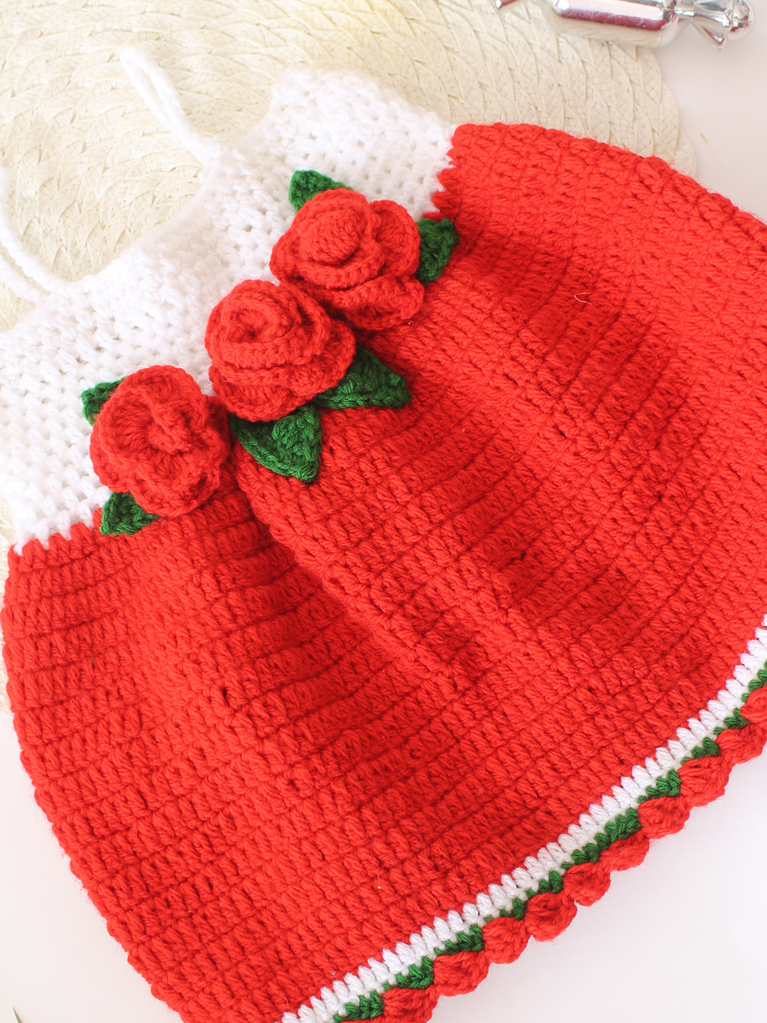 Christmas Rose Design Dress with Headband & Booties Set - Red