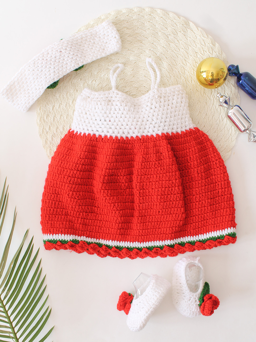 Christmas Rose Design Dress with Headband & Booties Set - Red