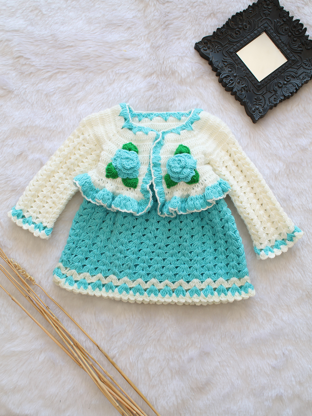 Crochet Frock with Floral Jacket - Blue