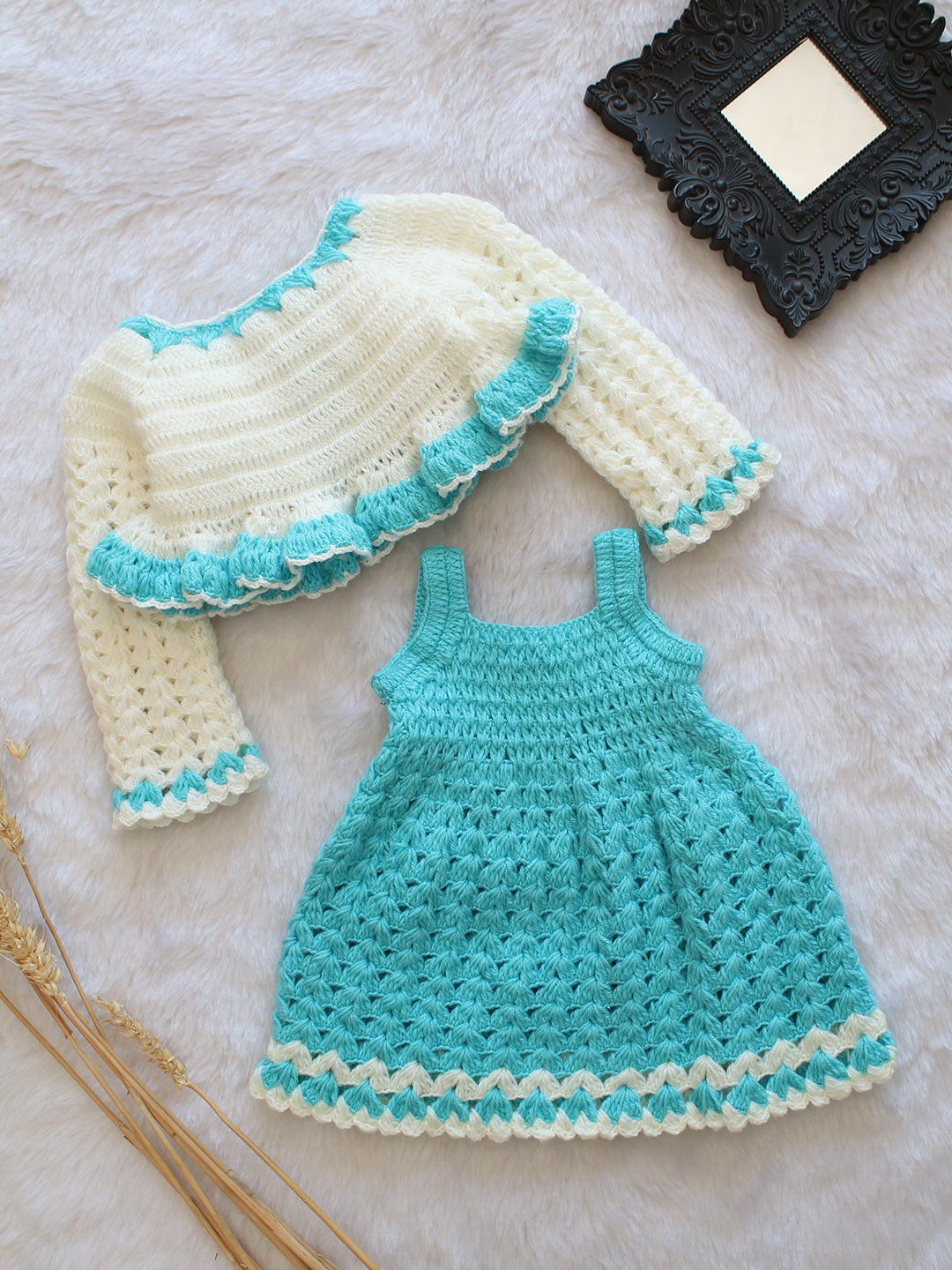 Crochet Frock with Floral Jacket - Blue