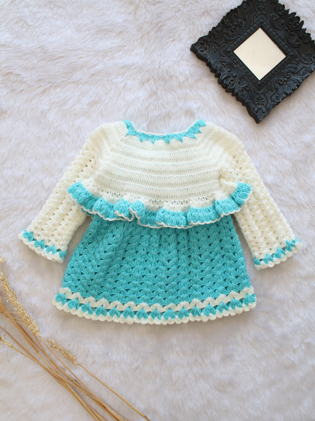 Crochet Frock with Floral Jacket - Blue