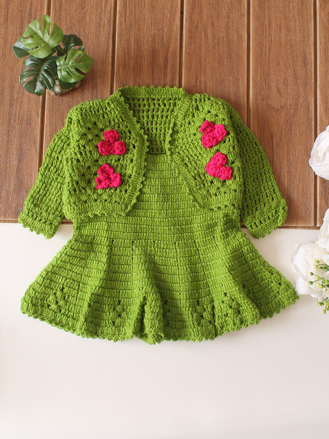 Woonie Crochet Frock with Floral Jacket - Green