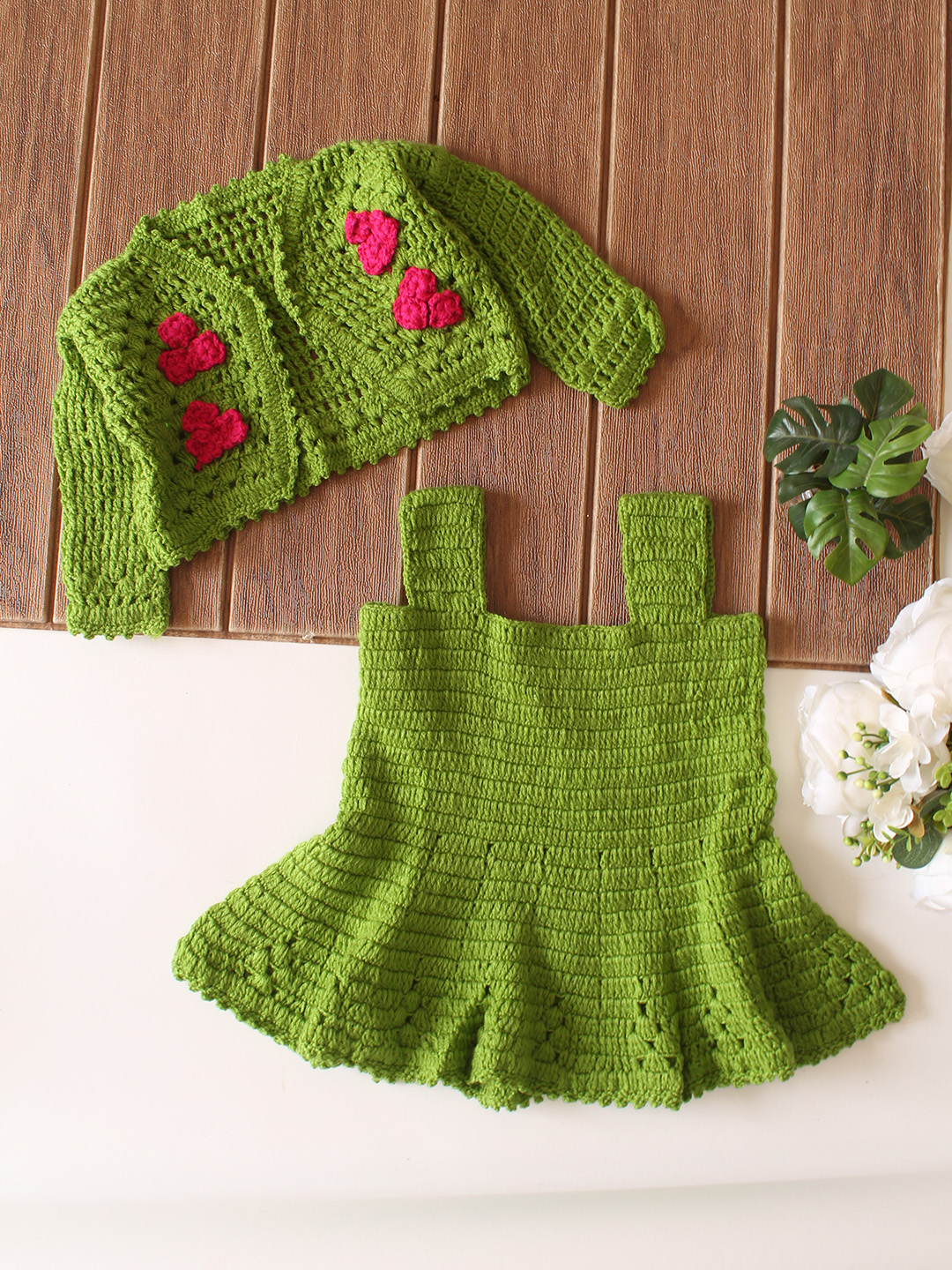 Woonie Crochet Frock with Floral Jacket - Green