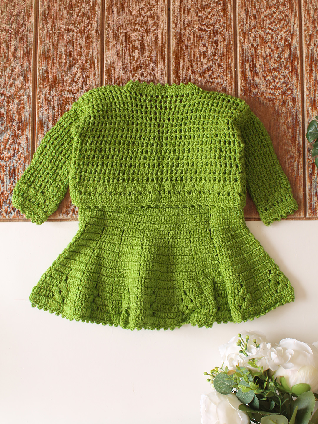 Woonie Crochet Frock with Floral Jacket - Green