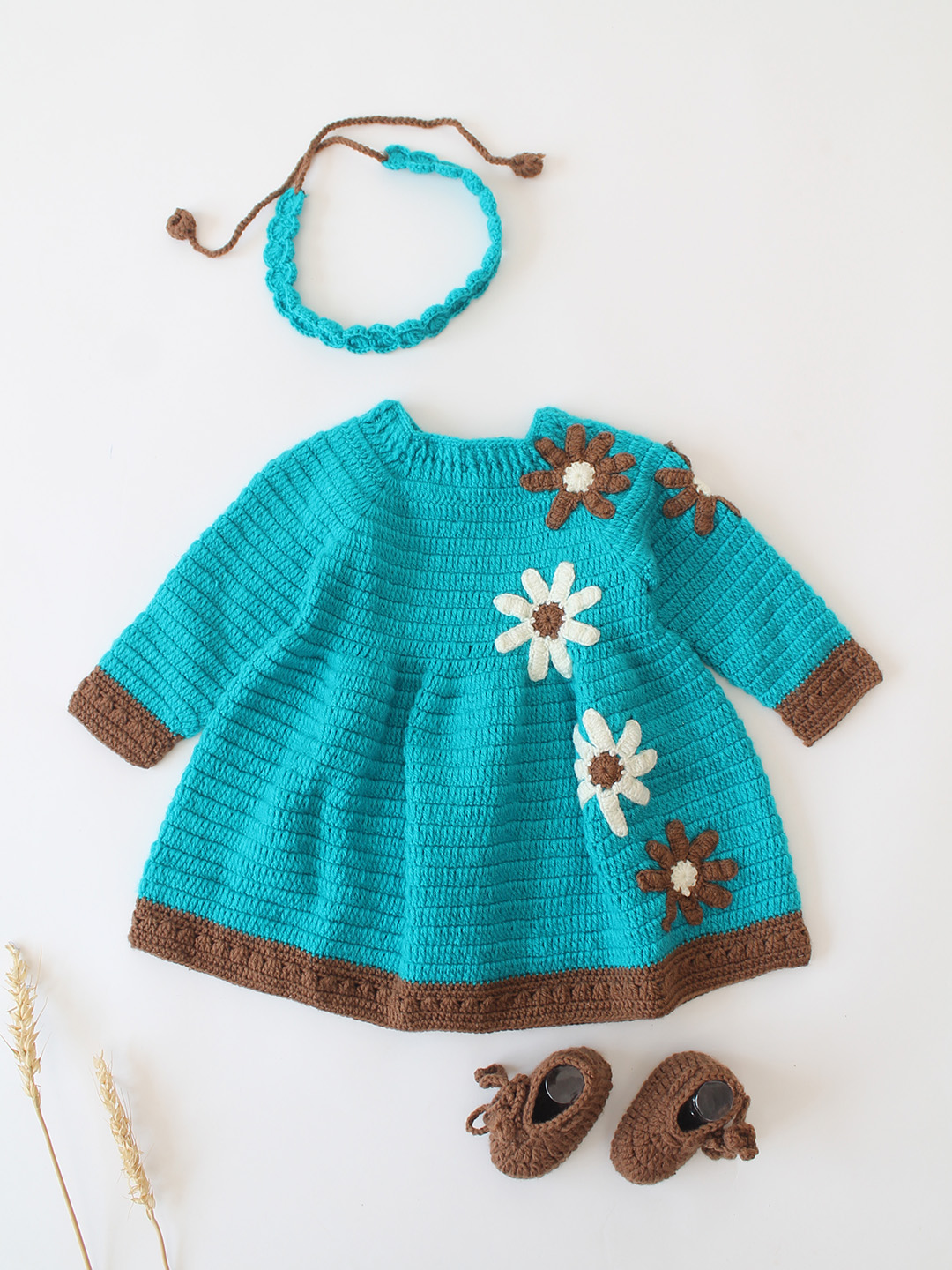 Woonie Crochet Floral Frock with Headband & Booties Set - Sky Blue