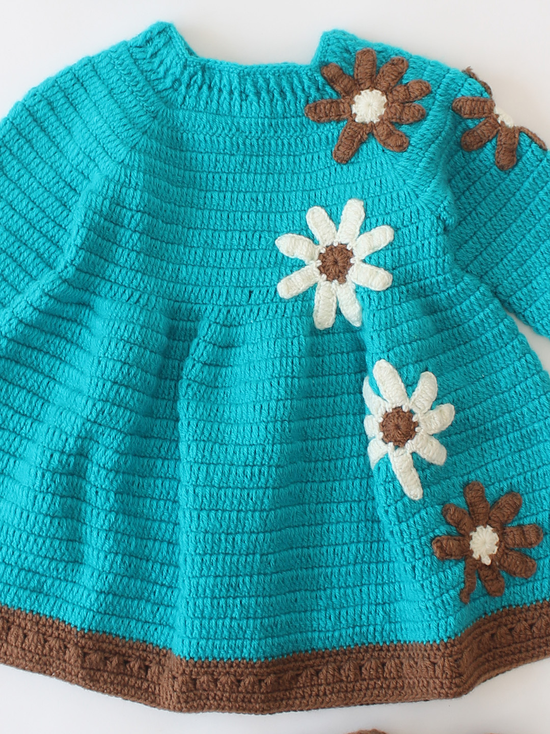 Woonie Crochet Floral Frock with Headband & Booties Set - Sky Blue