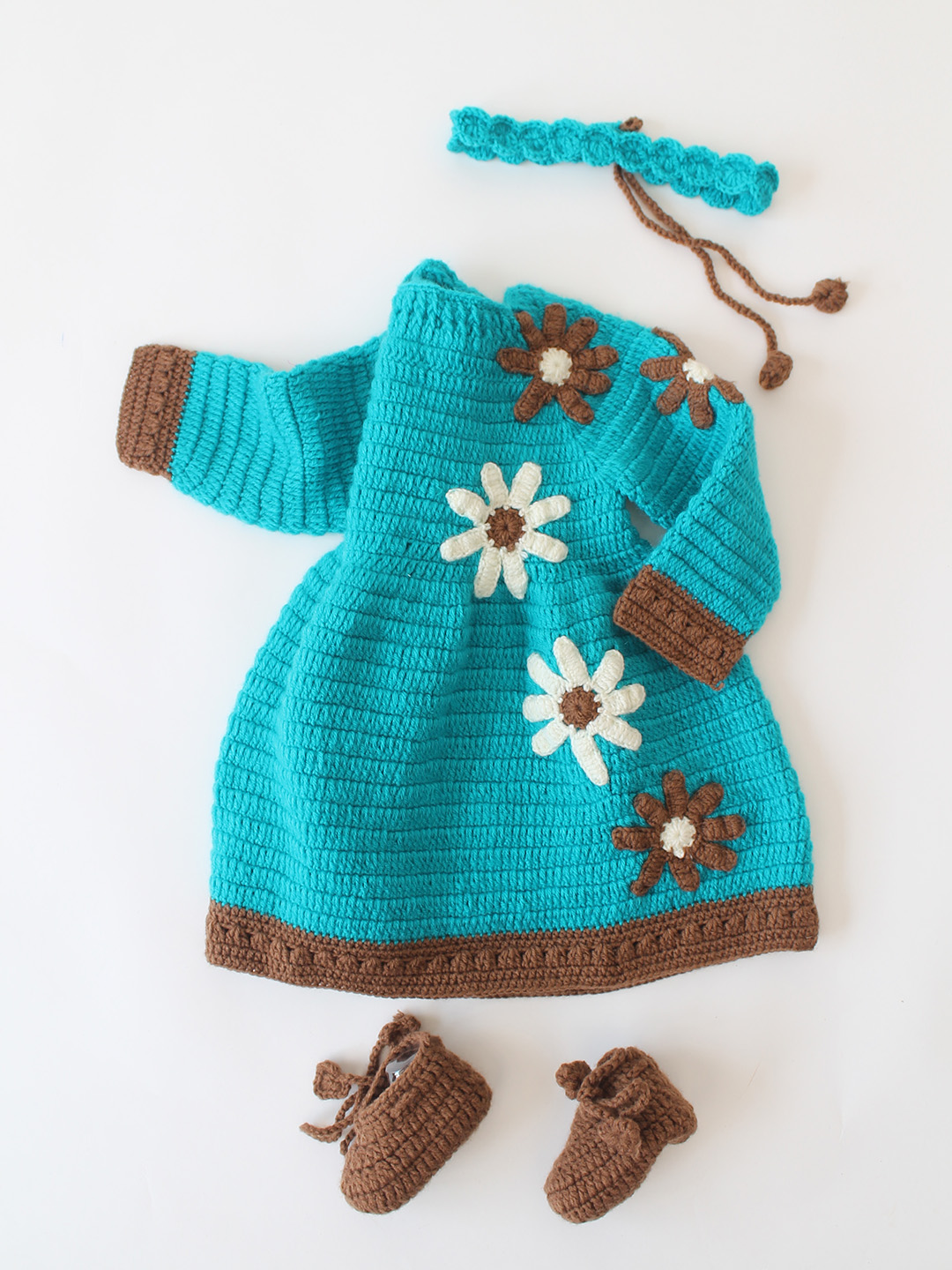 Woonie Crochet Floral Frock with Headband & Booties Set - Sky Blue