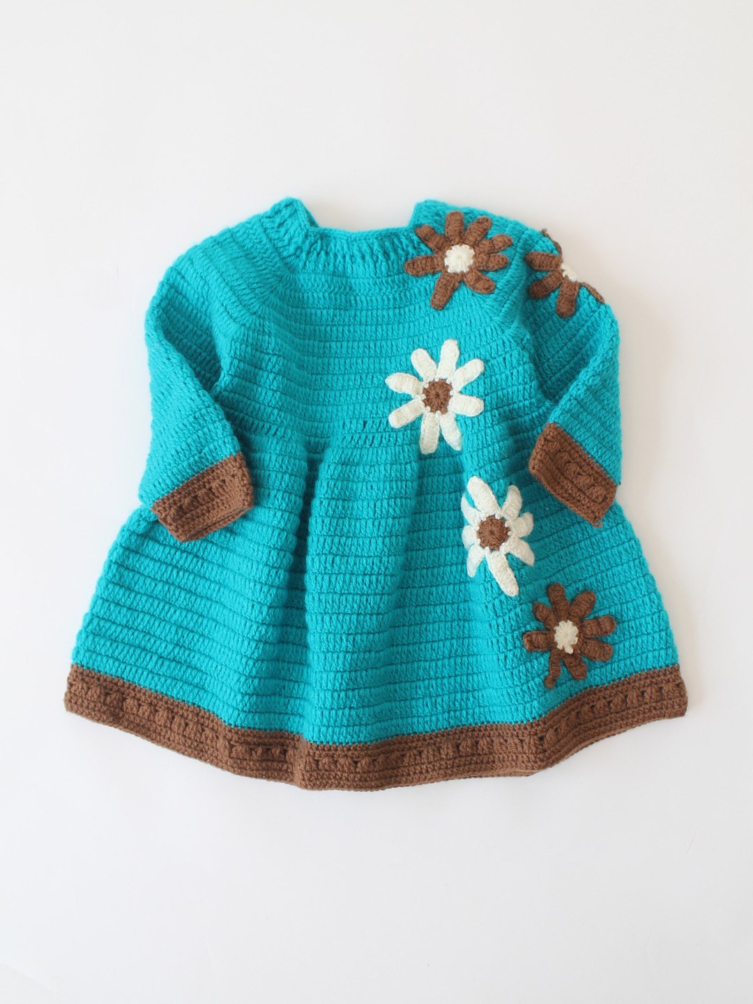 Woonie Crochet Floral Frock with Headband & Booties Set - Sky Blue