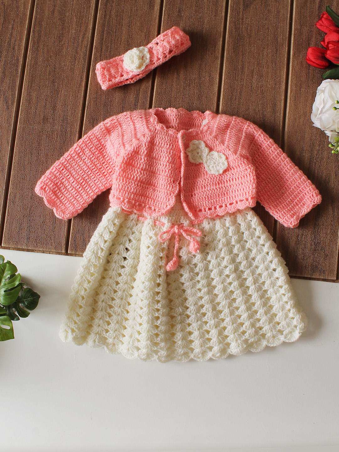 Woonie Crochet Shrug & Headband Frock - Peach