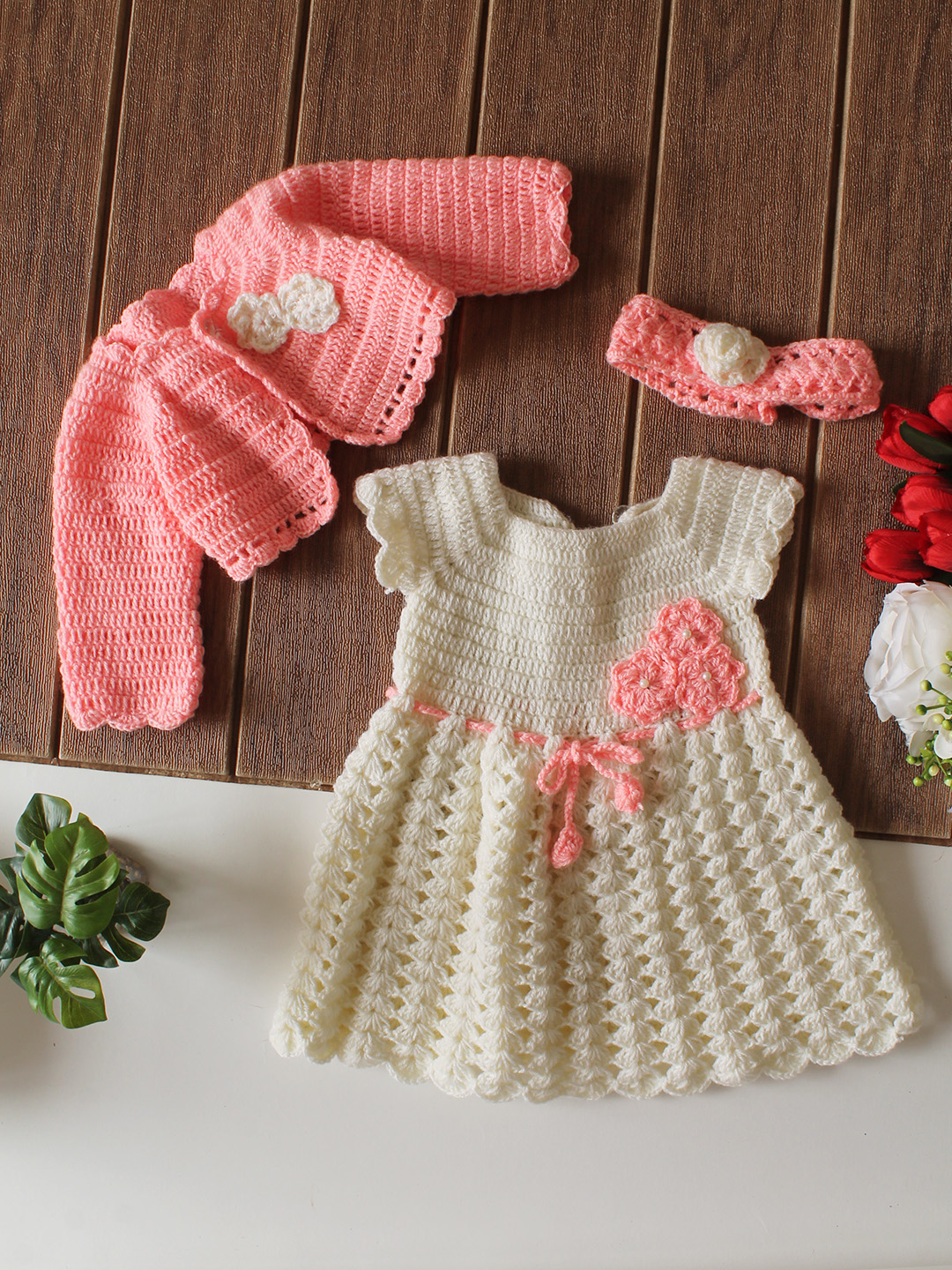 Woonie Crochet Shrug & Headband Frock - Peach