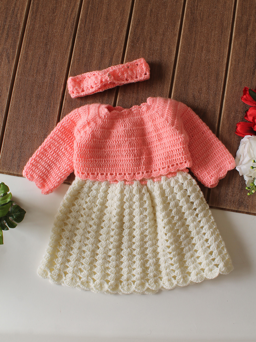 Woonie Crochet Shrug & Headband Frock - Peach