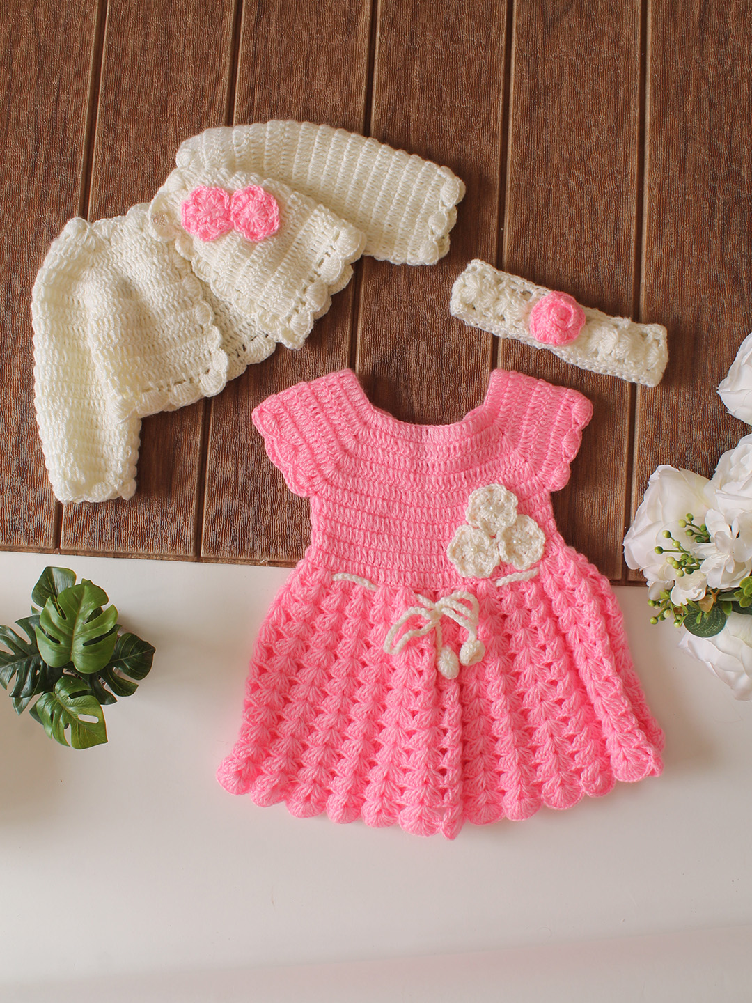 Woonie Crochet Shrug & Headband Frock - Pink